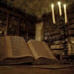 biblioteca-antigua-con-libros-abiertos-y-velas