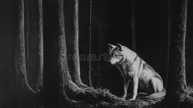 bosque oscuro con lobo solitario nocturno