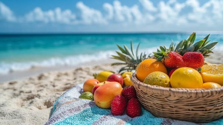 frutas tropicales variadas en cesta colorida