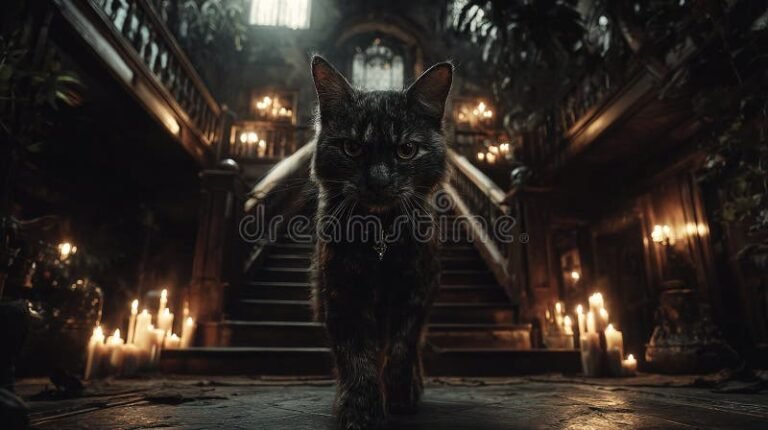 gato negro en ambiente tenebroso y oscuro