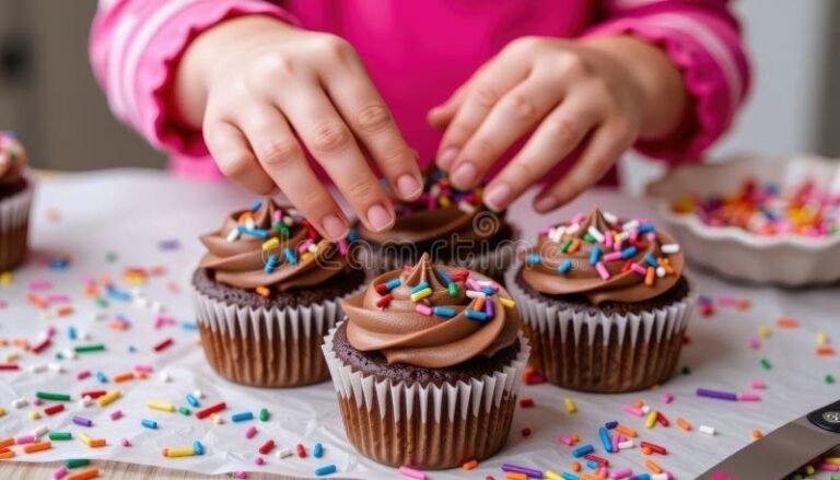 manos decorando pastelitos caseros coloridos