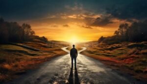 persona en cruce de caminos al atardecer