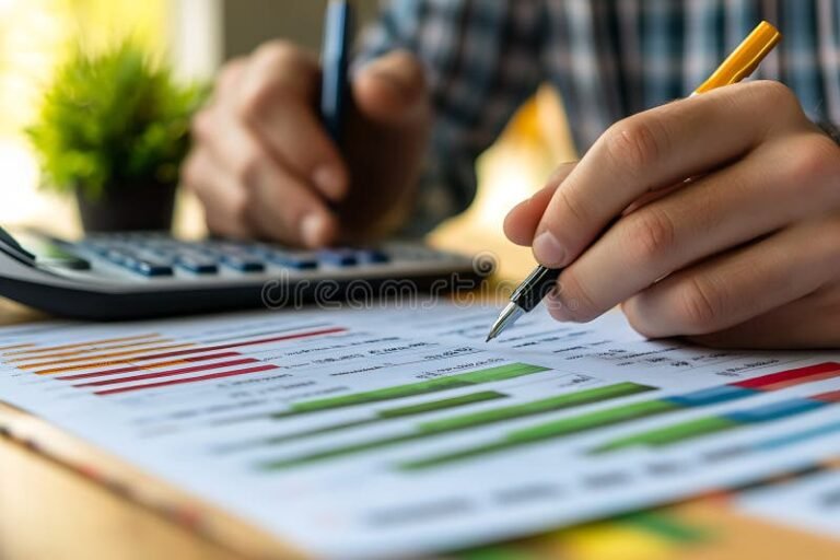 persona reflexionando con documentos y calculadora