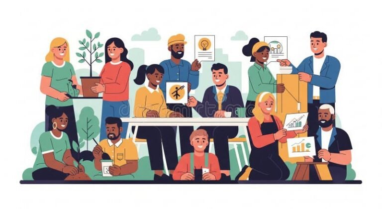 personas colaborando en proyecto comunitario global