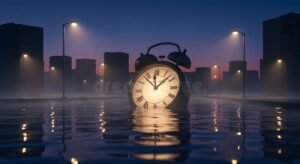 reloj antiguo con fondo de ciudad nocturna