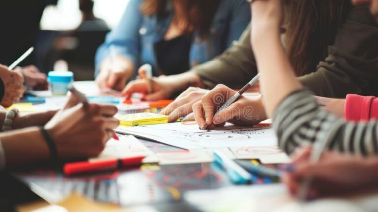 taller creativo con personas colaborando proyectos